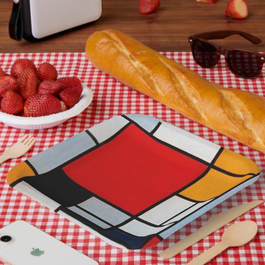 Assiettes En Carton Mondrian - Composition avec grand plan rouge (Pique-nique)