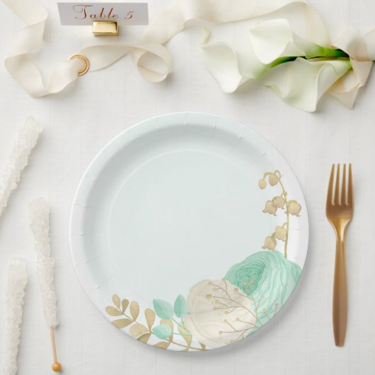 Assiettes En Carton Monnaie romantique vert & fleurs blanches or (Mariage)
