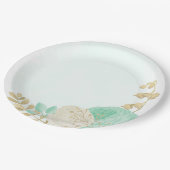 Assiettes En Carton Monnaie romantique vert & fleurs blanches or (Angle)