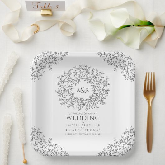 Assiettes En Carton Mono cercle ligne feuille art monogramme mariage (Mariage)