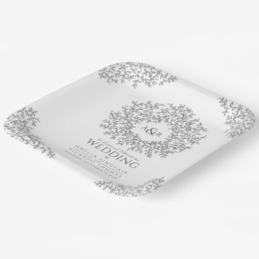Assiettes En Carton Mono cercle ligne feuille art monogramme mariage (Angulaire)