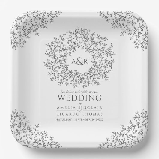 Assiettes En Carton Mono cercle ligne feuille art monogramme mariage (Recto)