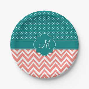 Assiettes En Carton Monogram Coral Chevron avec Motif Polka Turquoise