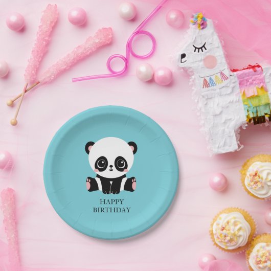 Assiettes En Carton Monogram Cute Panda Personnalisé Bubble Gum Bleu (Fête)