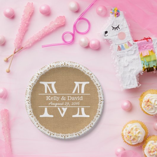 Assiettes En Carton Monogram Faux Burlap & Lace Rustique Mariage (Fête)