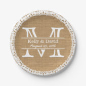 Assiettes En Carton Monogram Faux Burlap & Lace Rustique Mariage (Devant)