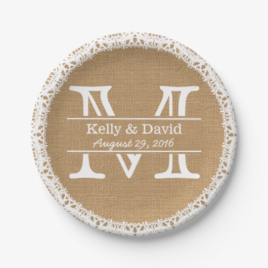 Assiettes En Carton Monogram Faux Burlap & Lace Rustique Mariage (Devant)