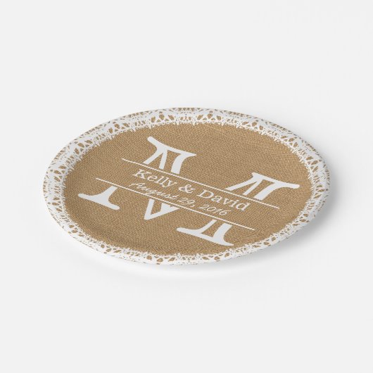 Assiettes En Carton Monogram Faux Burlap & Lace Rustique Mariage (Angle)