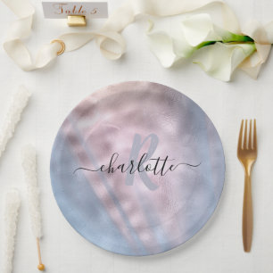 Assiettes En Carton Monogram Shimmery Rose Gold et Baby Blue Ombre