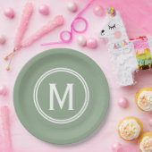 Assiettes En Carton Monogramme à cadre rond vert Sage moderne (Fête)