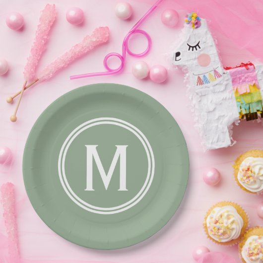 Assiettes En Carton Monogramme à cadre rond vert Sage moderne (Fête)