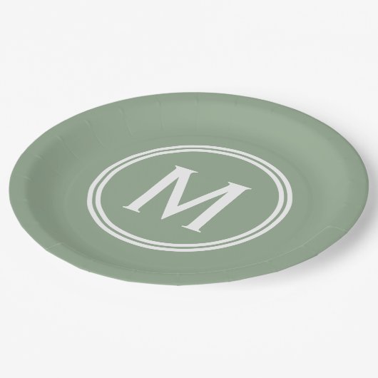 Assiettes En Carton Monogramme à cadre rond vert Sage moderne (Angle)