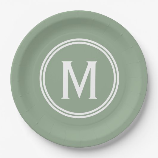 Assiettes En Carton Monogramme à cadre rond vert Sage moderne (Devant)