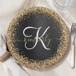 Assiettes En Carton Monogramme à étincelle noire à Parties scintillant<br><div class="desc">Personnalisez facilement ce design élégant et branché de plaque en papier avec une jolie parties scintillant dorée brillante sur un arrière - plan métallique brossé noir.</div>