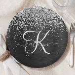 Assiettes En Carton Monogramme à étincelle noire à Parties scintillant<br><div class="desc">Personnalisez facilement ce design élégant et branché de plaque en papier avec une jolie parties scintillant brillante en argent sur un arrière - plan métallique brossé noir.</div>