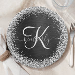 Assiettes En Carton Monogramme à étincelle noire à Parties scintillant<br><div class="desc">Personnalisez facilement ce design élégant et branché de plaque en papier avec une jolie parties scintillant brillante en argent sur un arrière - plan métallique brossé noir.</div>