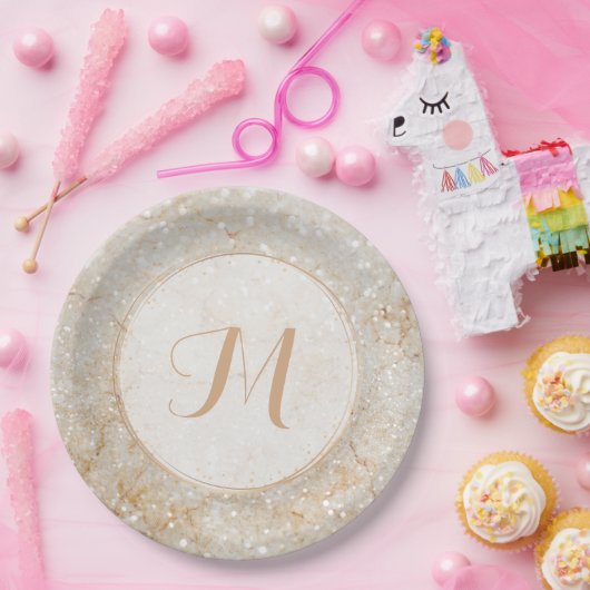 Assiettes En Carton Monogramme à étincelles blanc et or (Fête)