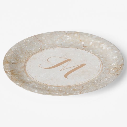 Assiettes En Carton Monogramme à étincelles blanc et or (Angle)
