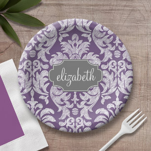 Assiettes En Carton Monogramme à motif damassé vintage gris et violet