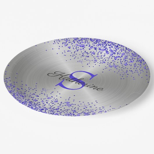Assiettes En Carton Monogramme à Parties scintillant violet métallique (Angle)