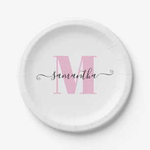 Assiettes En Carton Monogramme à pois rose clair et blanc féminin