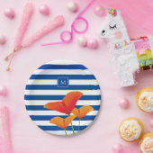 Assiettes En Carton Monogramme à rayures bleu chic (Fête)