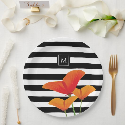 Assiettes En Carton Monogramme à rayures noires chic (Mariage)