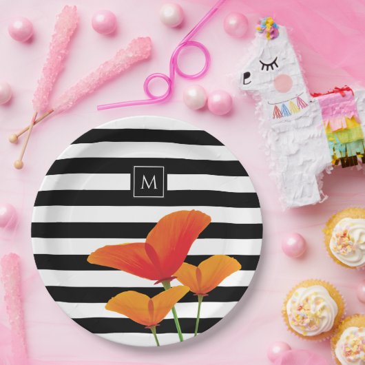 Assiettes En Carton Monogramme à rayures noires chic (Fête)