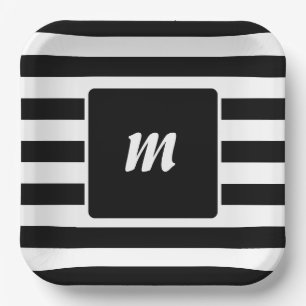 Assiettes En Carton Monogramme à rayures noires et blanches