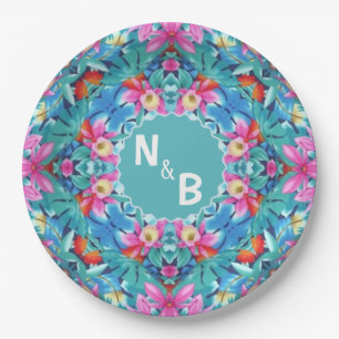 Assiettes En Carton Monogramme Abstrait hawaïen Couple Classic Round