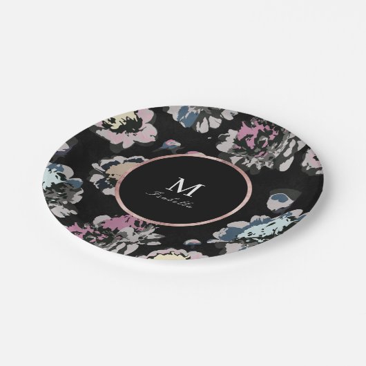 Assiettes En Carton monogramme abstrait noir classique moderne (Angle)