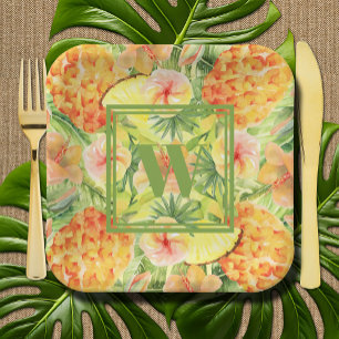 Assiettes En Carton Monogramme Ananas Fleurs verdure