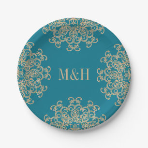 Assiettes En Carton Monogramme Aquamarine et Gold Indian Style Mariage
