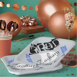 Assiettes En Carton Monogramme Argent Royal Blue Année de graduation