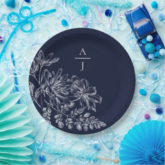Assiettes En Carton Monogramme bleu marine moderne Plaque en papier fl (Fête)