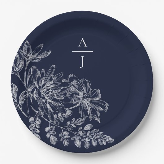 Assiettes En Carton Monogramme bleu marine moderne Plaque en papier fl (Devant)