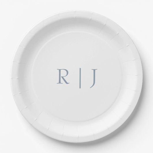 Assiettes En Carton Monogramme bleu poussiéreux Initiales Mariage mini (Devant)