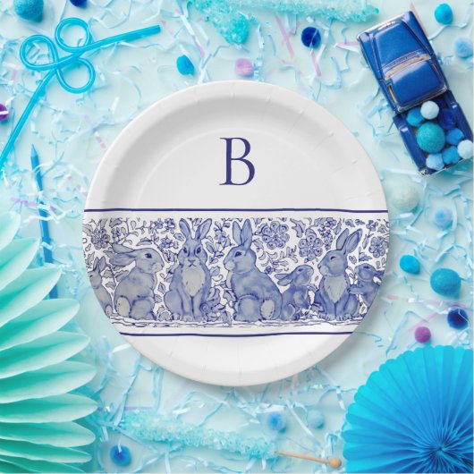 Assiettes En Carton Monogramme Blue Rabbit animal Whimsical Custom (Fête)