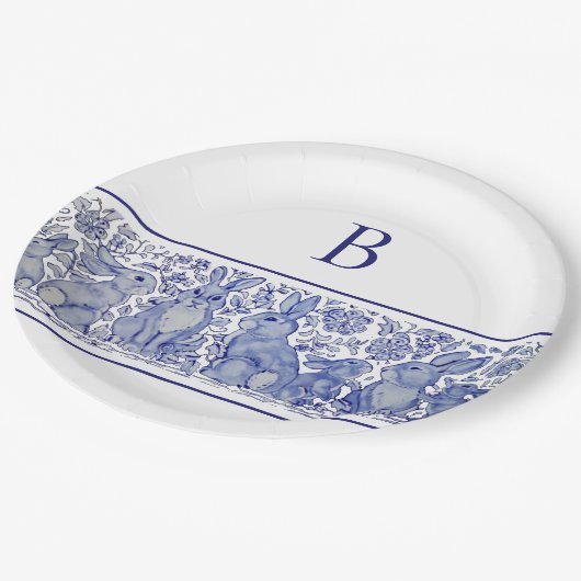 Assiettes En Carton Monogramme Blue Rabbit animal Whimsical Custom (Angle)