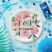 Assiettes En Carton Monogramme botanique floral rose et gris (Fête)