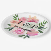 Assiettes En Carton Monogramme botanique floral rose et gris (Angle)