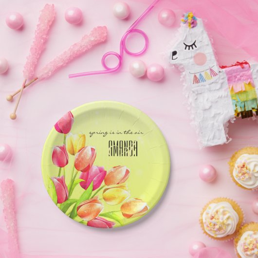 Assiettes En Carton Monogramme Bouquet Tulipes Aquarelles (Fête)