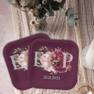 Assiettes En Carton Monogramme Bourgogne Blush Floral Wedding Party