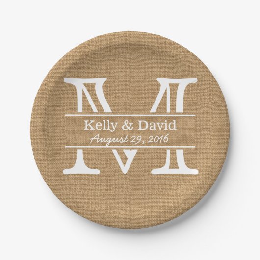 Assiettes En Carton Monogramme Burlap Texture Mariage rustique (Devant)