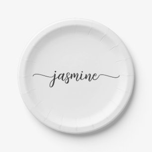 Assiettes En Carton Monogramme calligraphique minimaliste blanc et fém