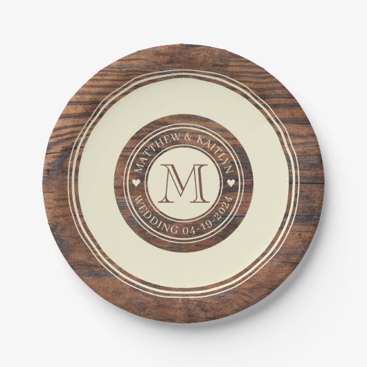 Assiettes En Carton Monogramme cardiaque Mariage rustique en Cercle no (Devant)