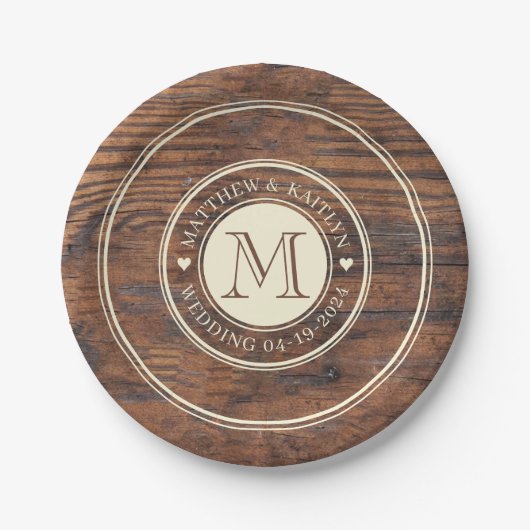 Assiettes En Carton Monogramme cardiaque Mariage rustique en noix fonc (Devant)