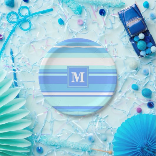 Assiettes En Carton Monogramme ciel bandes bleues (Fête)