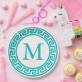 Assiettes En Carton Monogramme de bordure clé grecque ronde Turquoise (Fête)