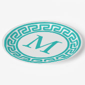 Assiettes En Carton Monogramme de bordure clé grecque ronde Turquoise (Angle)